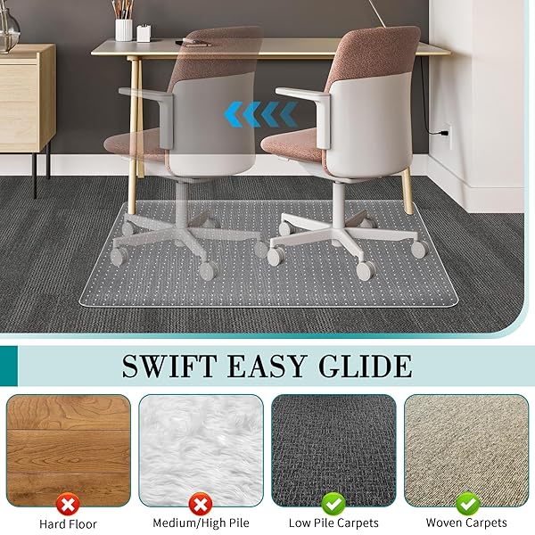 OFFICE CHAIR MAT FOR CARPETS, CLEAR COMPUTER DESK CHAIR MAT FOR LOW CARPETED FLOORS, THICK AND STURDY CARPET PROTECTOR, EASY GLIDE AND FLAT WITHOUT CURLING(30” X 48” RECTANGLE)
