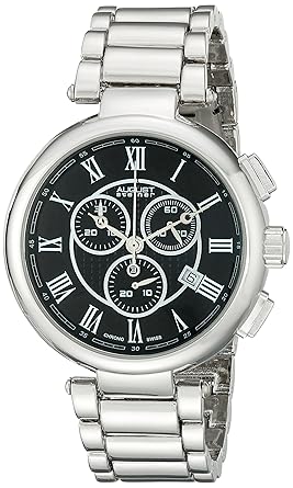 August Steiner Mens AS8148SSB Silver Swiss Chronograph Quartz Watch with Black Dial and Silver Bracelet