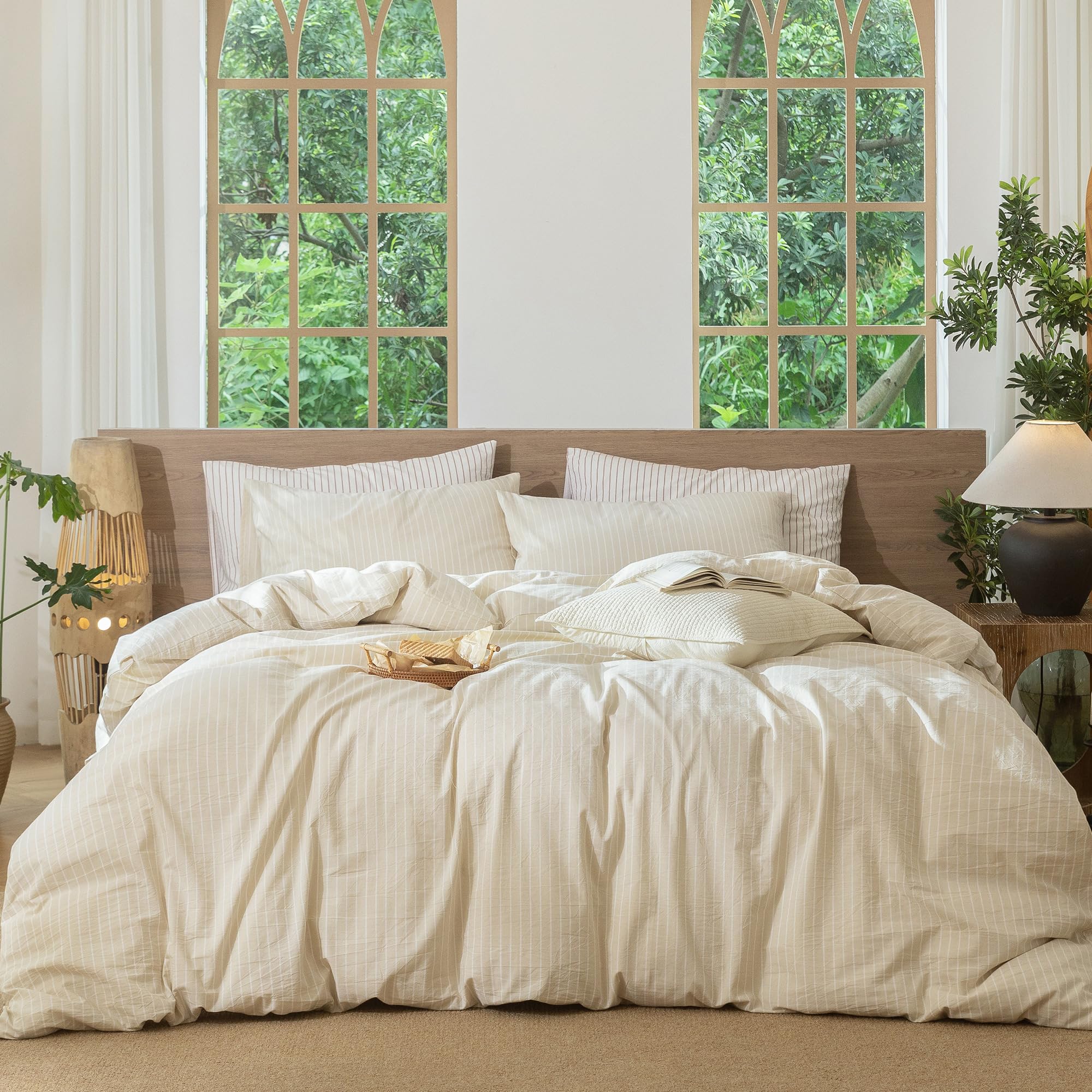 Photo 1 of MooMee Striped Duvet Cover Set 100% Washed Cotton Linen Like Textured Breathable Durable Soft Comfy (Almond Milk Grey White Wide Stripes, King 104"x90")