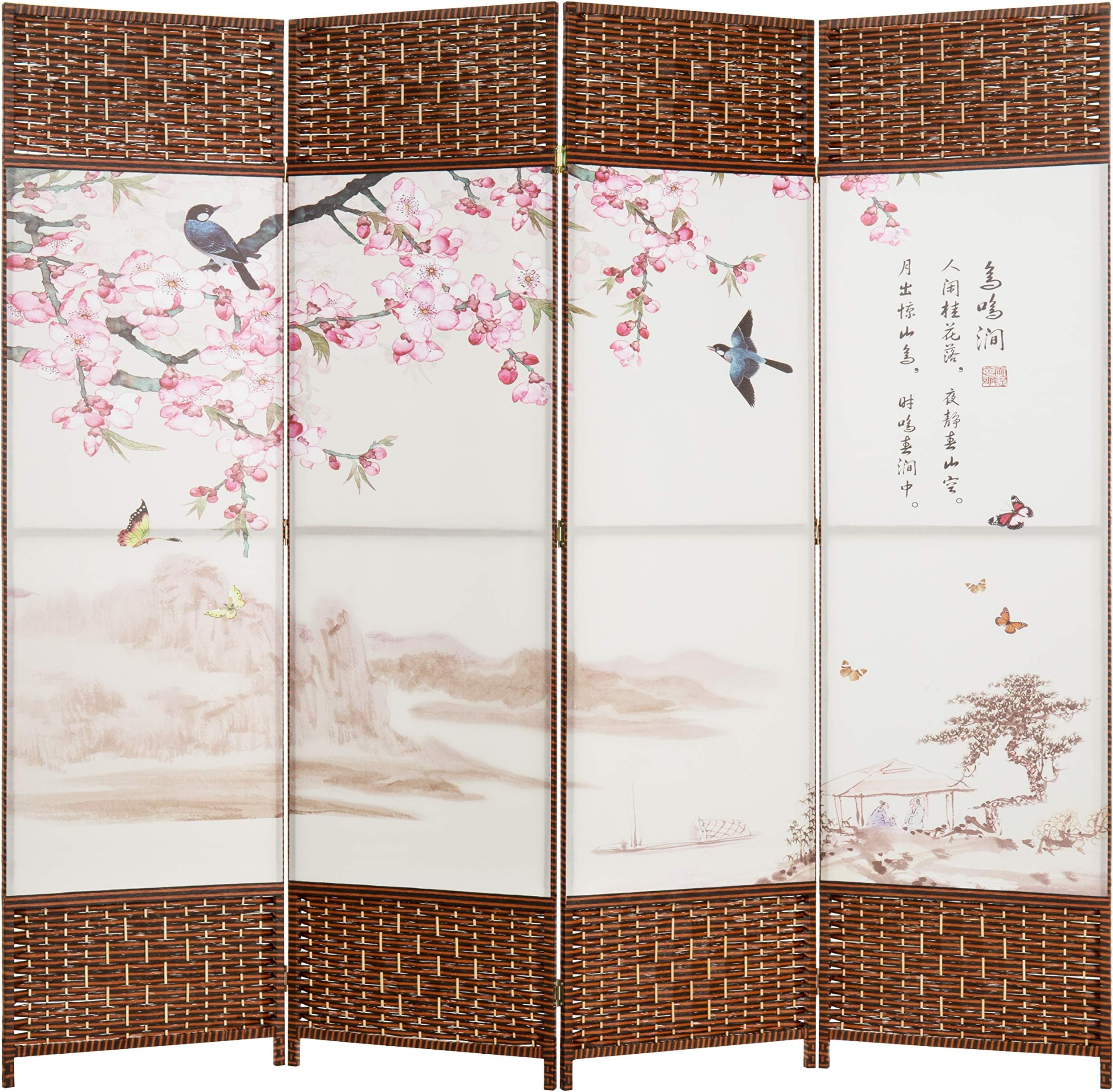 MyGift 4-Panel Asian Cherry Blossom Oil Cloth Painting Woven Privacy Screen Room Divider with Wood Frame