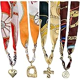 D95BROS Scarf Necklace with Chunky Charms 4 Pack, Silk Bandana Necklace for Women, Adjustable Tie Statement Choker Jewelry, Stylish Gift for Birthday or Special Occasions
