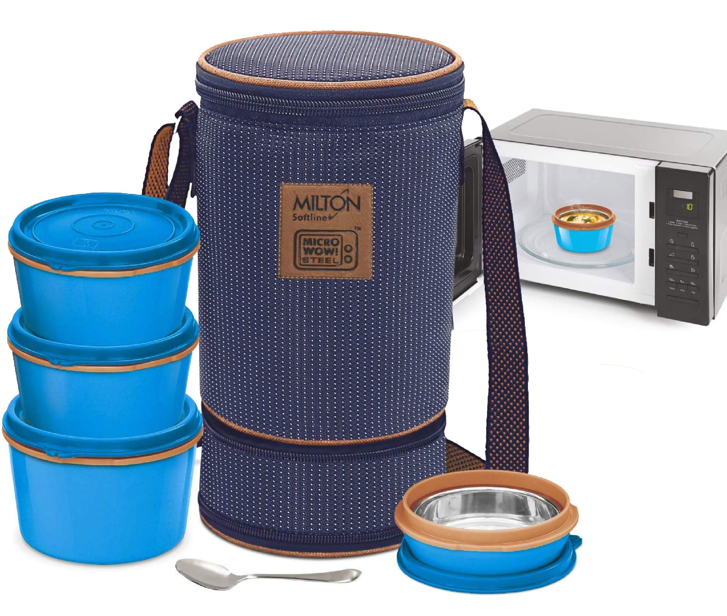 MILTON Bento Lunch Box Set 4, MICROWAVEABLE Stainless Steel Meal Prep Containers, Expandable Insulated Lunch Bag, SS Spoon -Double Wall Food Storage Boxes Airtight Lids for Men, Women, Kids - Blue