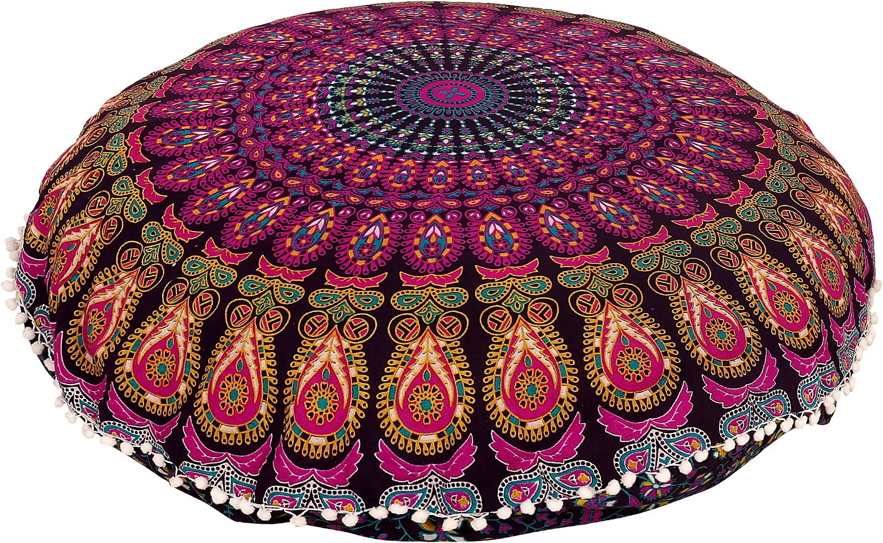 Anokhiart Yellow Purple 32" Mandala Pillow Cover Cushion Cover Cotton Round Floor Pillow Cover Indian Pouf Cover
