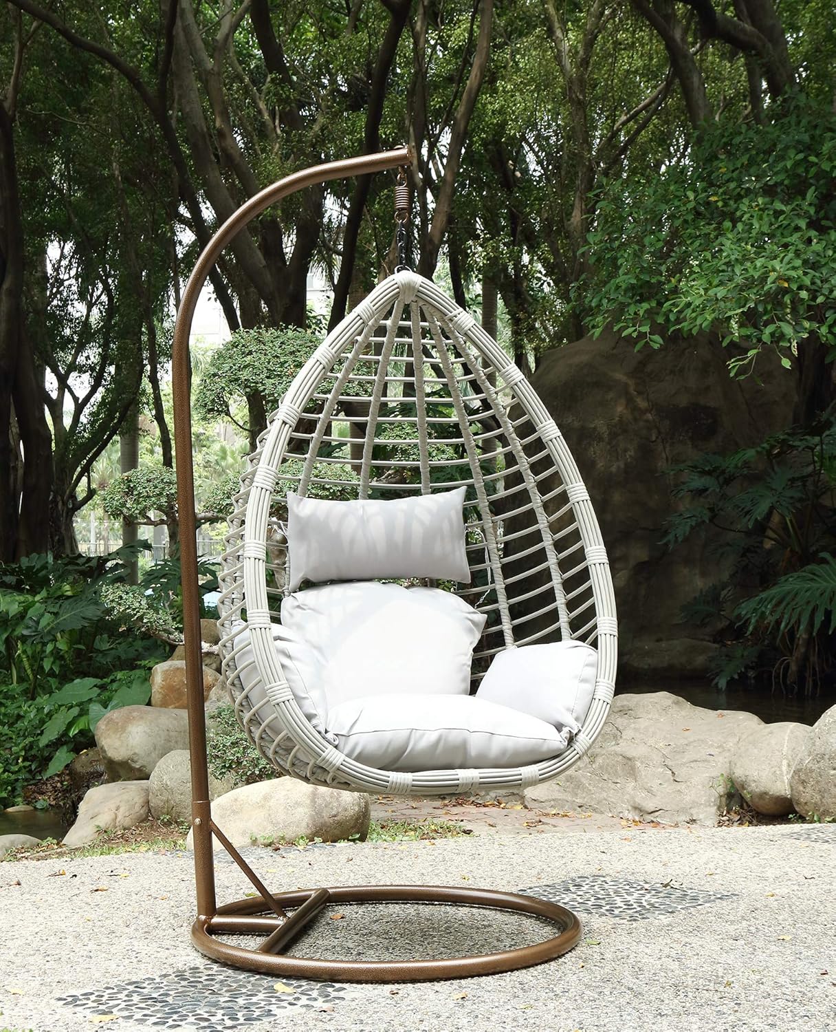 CGC Hand Weaved Rattan Grey Rust Proof Egg Swing Chair With Large Cream