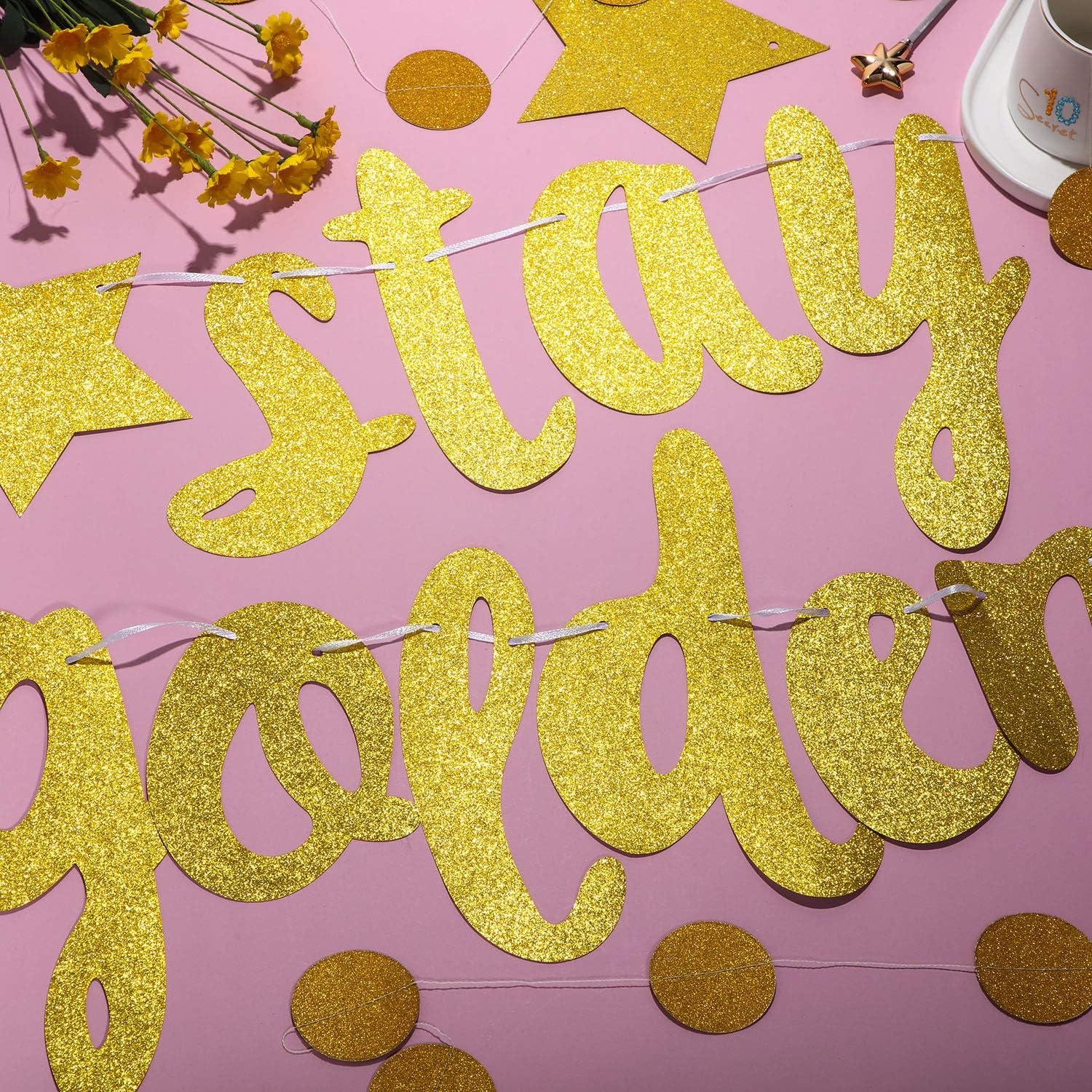2 Pieces Stay Golden Banner Glitter Gold Lucky Birthday Banner Circle Dot Hanging Garland for Birthday Baby Shower Party Decoration Supplies - Image 5