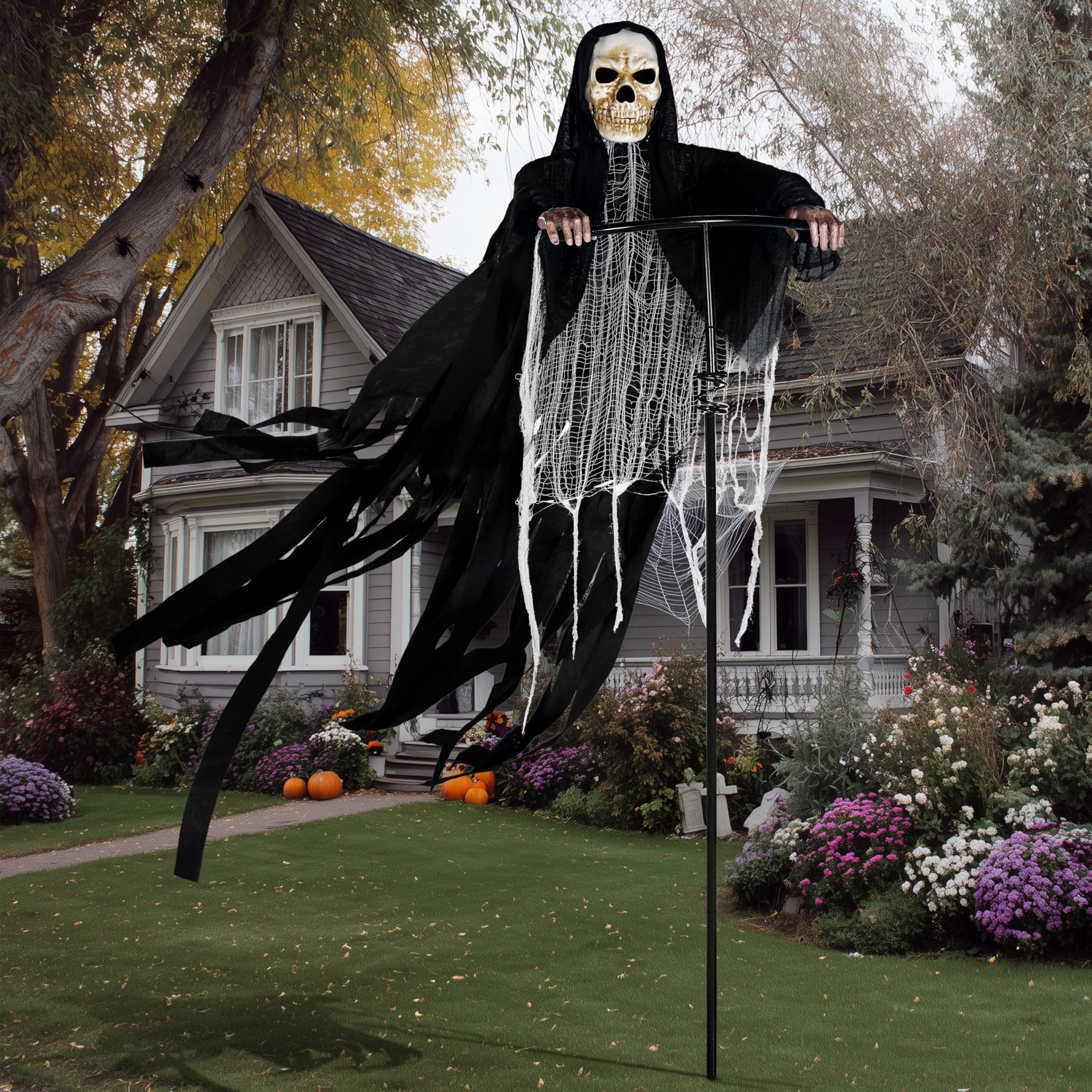 Photo 1 of JOYIN 7Ft Halloween Grim Reaper Decorations Outdoor Rotatable Flying Scream Scarecrow Skeleton Ghosts Decor for Graveyard Haunted House Props, Garden, Porch, Yard Lawn