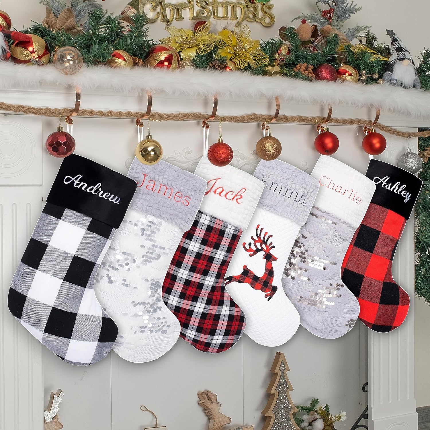 Stockings & Holders - LUBOT Personalized Christmas Stocking Large Size, Mix and Match Design Styles, Combined with Plaid Plush Hairball Sequins Hanging for Family Decorations Xmas Holiday Party Gift 1 Piece