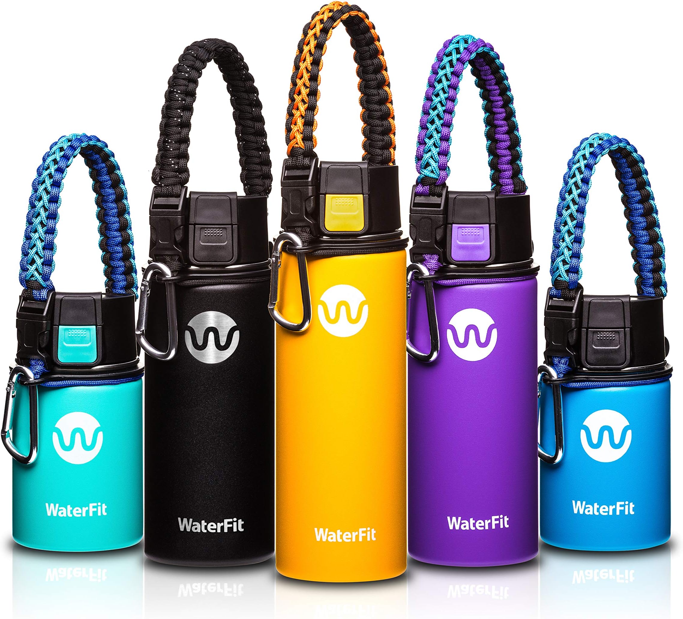 WaterFit Vacuum Insulated Water Bottle - Double Wall Stainless Steel Leak Proof BPA Free Sports Wide Mouth Water Bottle - 12 oz, 16 oz or 20 oz - 5 Colors with Paracord Handle