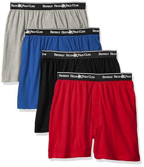 Beverly Hills Polo Club Men's 4 Pack Knit Boxer, Red/Black/Blue/Grey Heather, XX-Large