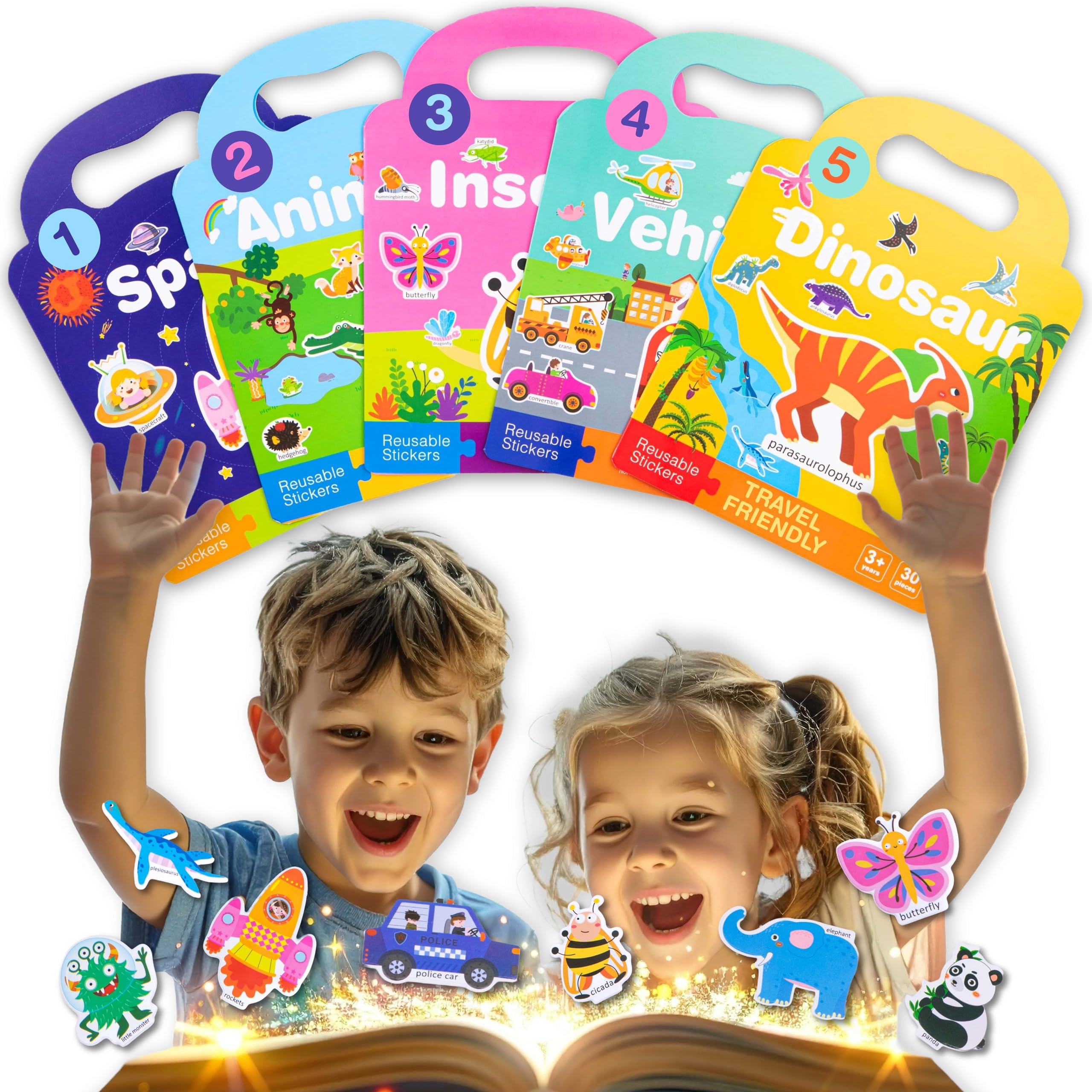 5 Pack Reusable Sticker Book - Childrens Books and Plane Activities for Kids - Toddler Books and Travel Activity Packs for Kids - Dinosaur Sticker Book with Reusable Stickers