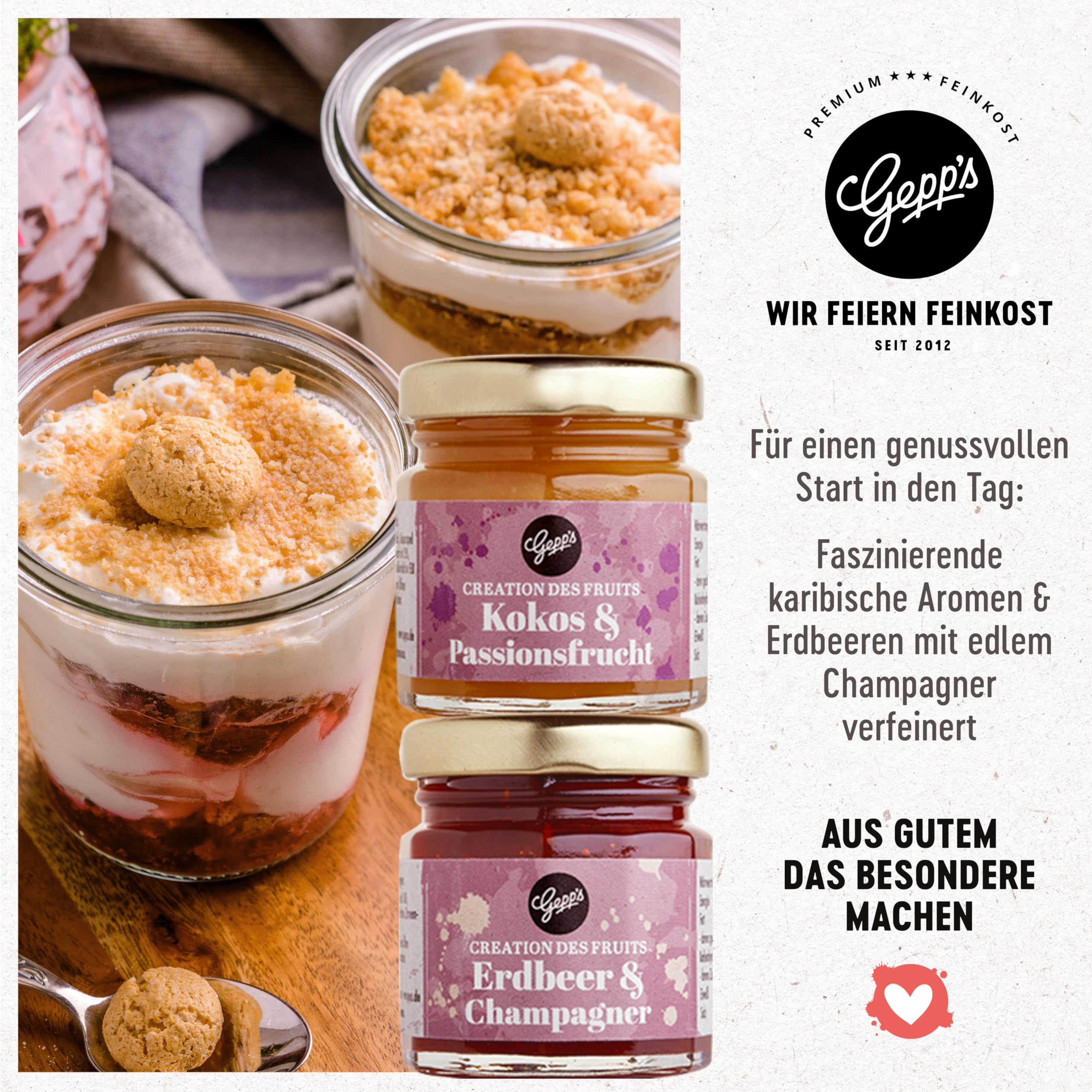 Gepp's Feinkost Frühstück Marmeladen Set I Mini Konfitüren in verschiedenen Geschmacksrichtungen I Geschenk mit Spezialitäten wie Mango Ingwer Erdbeer & Champagner Fruchtaufstrich 6