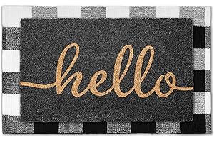 EMERSON ESSENTIALS Emerson 100% Coir Doormats, 2-Pack Front Door Mats for Outdoor Entrance – 30” x 18” Welcome Mat for Home, 2-in-1 Entryway Patio with Layered Buffalo Plaid Rug, Porch Mat – Heavy Duty (Hello)