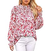 MASCOMODA Womens Blouses 2025 Spring Boho Floral Ruffle High Neck Long Sleeve Tops Dressy Casual Smocked Chiffon Work Shirts