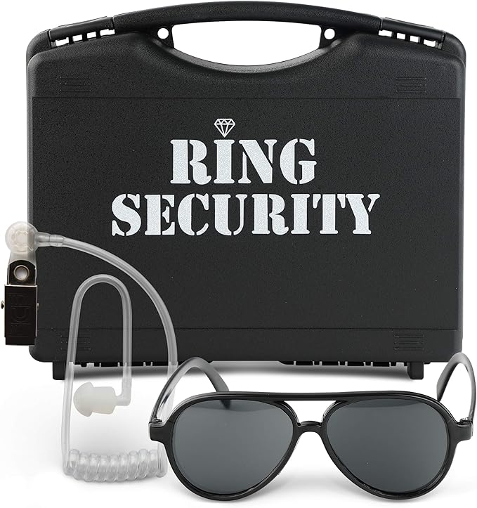 Wedding Ring Security Box with Black Sun Glasses and Top Secret Spy Ear
