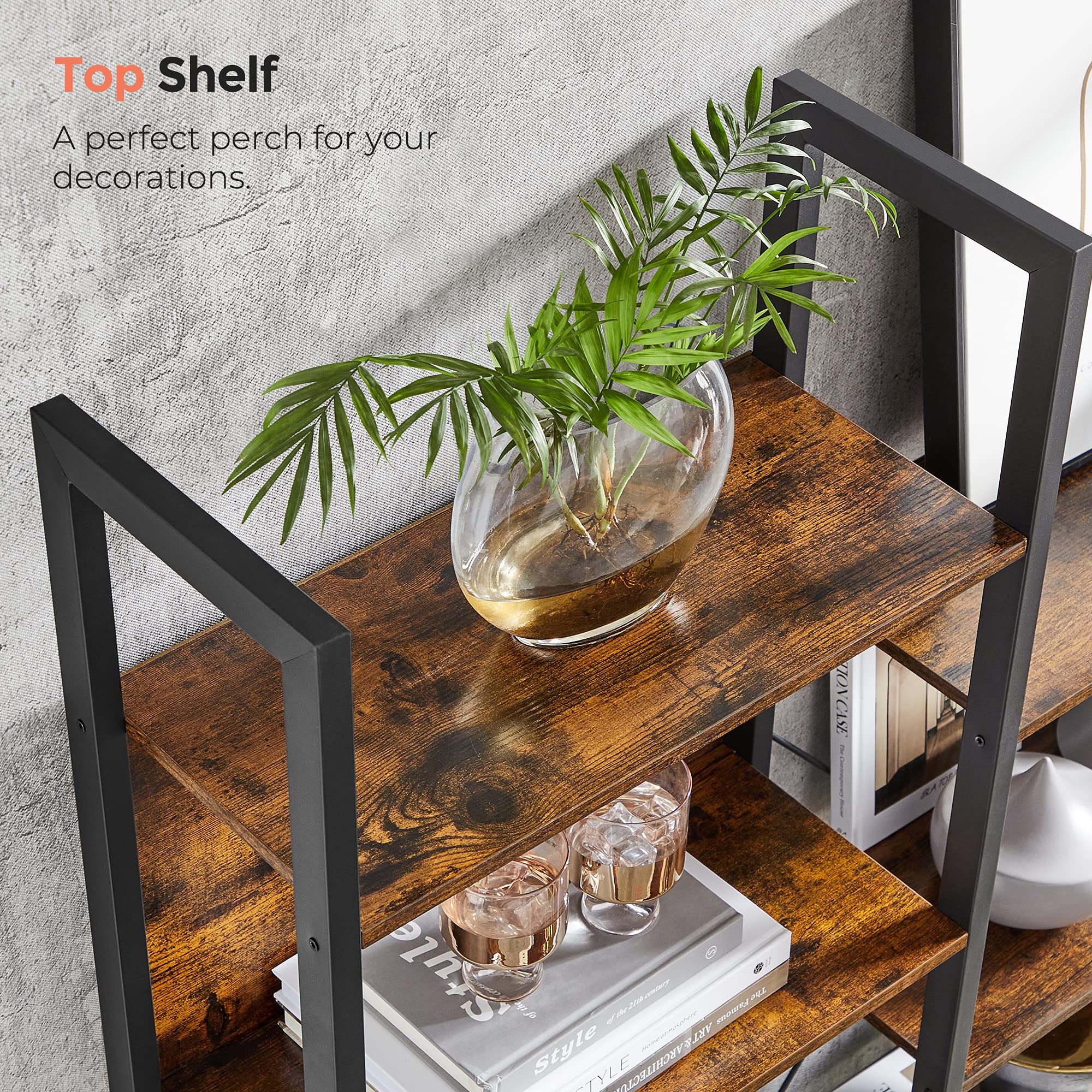 VASAGLE 5-Tier Bookcase with 14 Shelves, Book Shelf with Metal Frame, Bookshelf for Living Room, Home Office, Industrial Style, 9.4 x 62.2 x 65.4 Inches, Rustic Brown and Black ULLS107B01