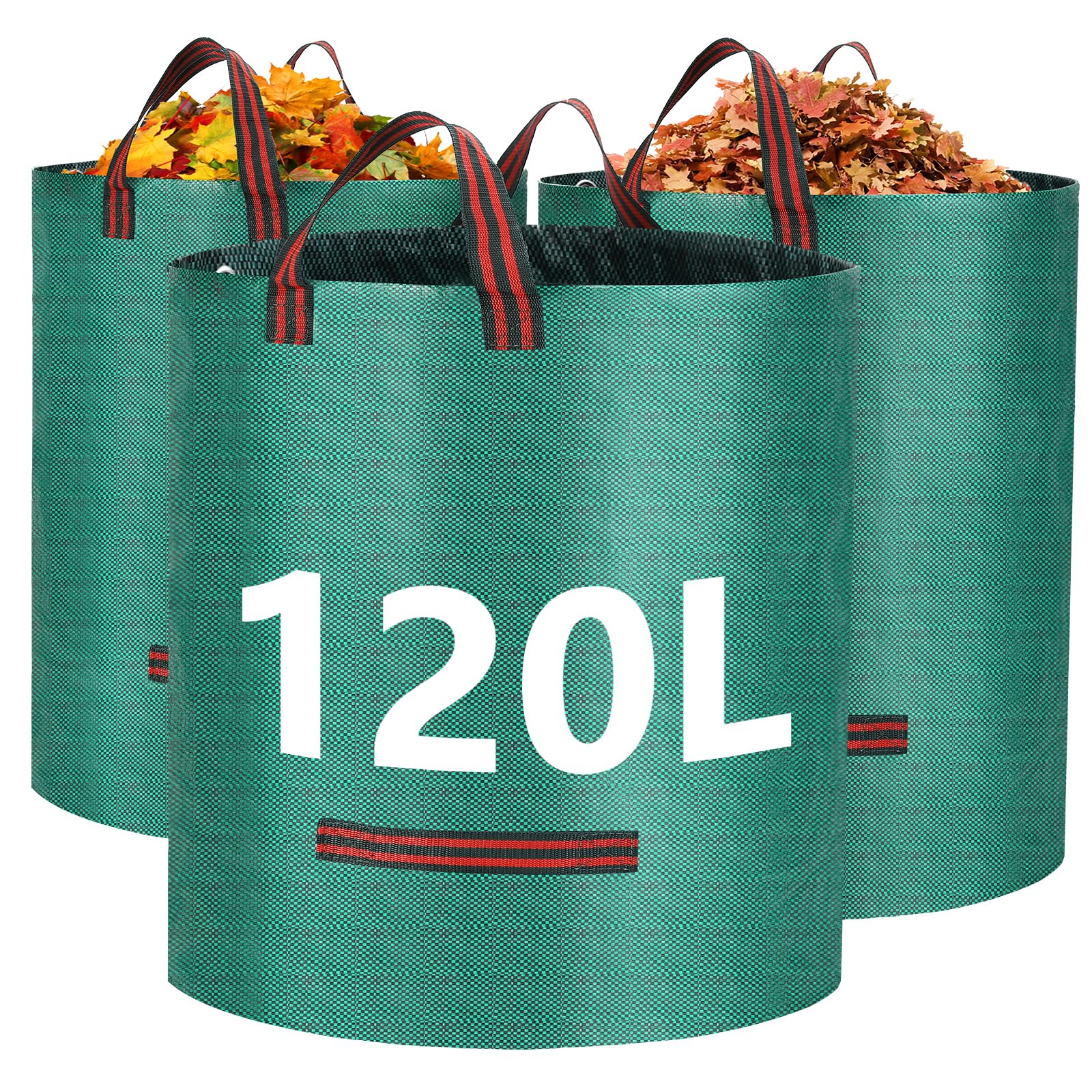 RFWIN Heavy Duty Garden Waste Bags, 120 Litre 3 Pack Reusable Garden Sacks Builders Bags, Industrial Fabric and Handles, Refuse Rubbish Bag Waterproof Green Waste Sack for Plant Leaf Trash Debris