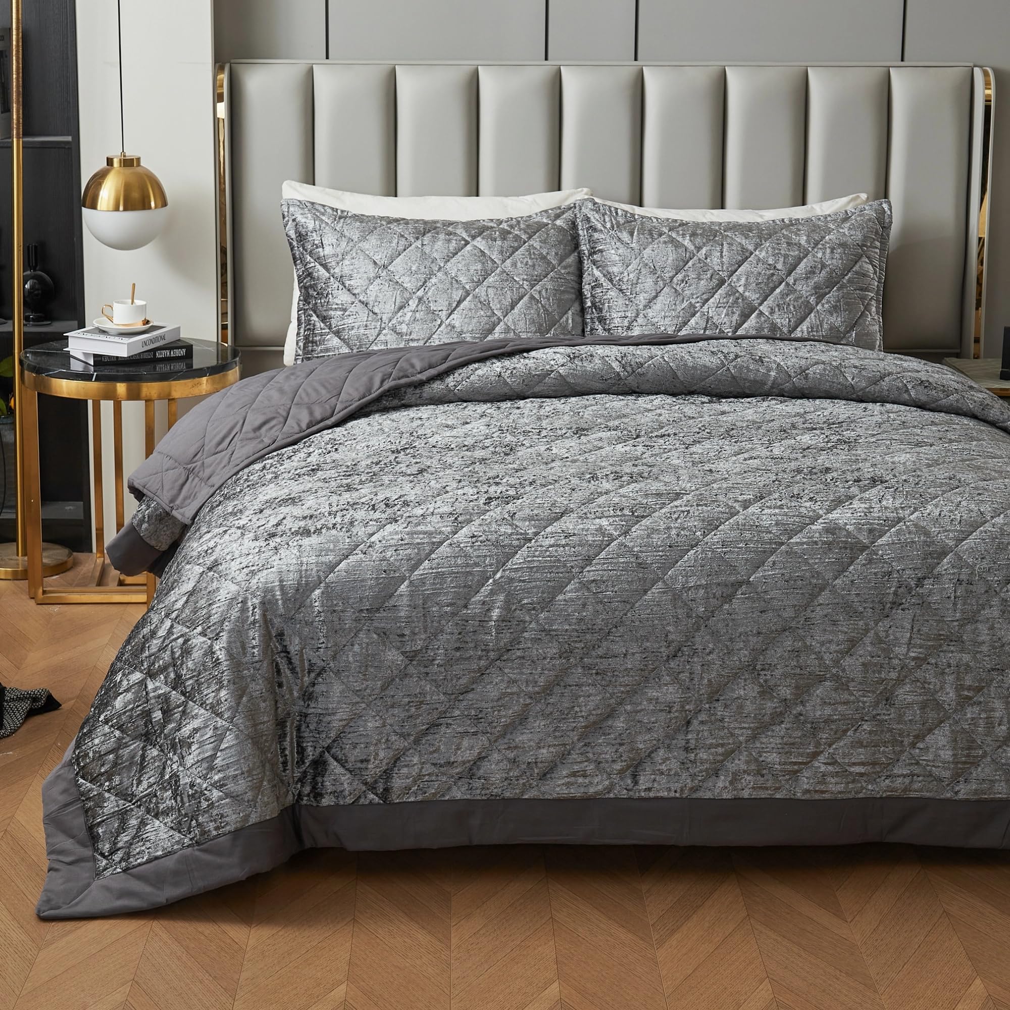 Photo 1 of LUCKYBULL Gray Korean Velvet Quilt Set California King XL Size (112x104 in), 3 Pieces Luxury Textured Soft Bedspread with 2 Pillowcases, Reversible Coverlet Set for All Season
