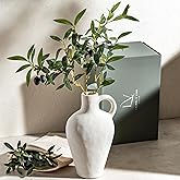 Luxurious Gift Set Textured Ceramic Vase 10 Inch with Olive Branches 22 Inch Tall White Medium Vase Artificial Topiaries Fake Plants, Minimalist Shelf Decor, Neutral Home Office High End Gifting Decor
