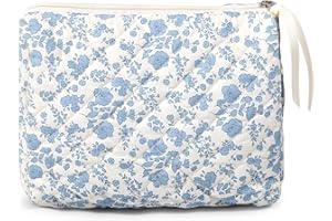 Sminra Makeup Bag Large Travel Quilted Cosmetic Makeup Bag Organizer, Floral Cotton Coquette Aesthetic Toiletry Bag for Women Girls (Blue Floral)