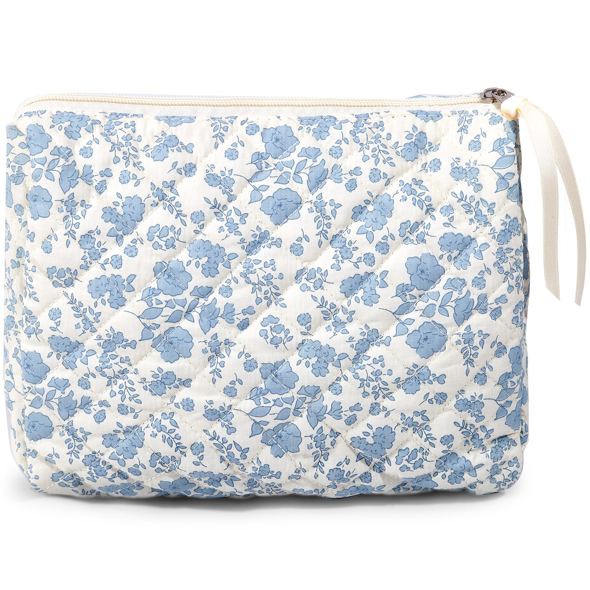 Photo 1 of Sminra Large Travel Makeup Bag - Quilted Cotton Cosmetic Organizer with Zipper, Cute Coquette Floral Aesthetic Toiletry Pouch Gift for Women (Blue Floral)