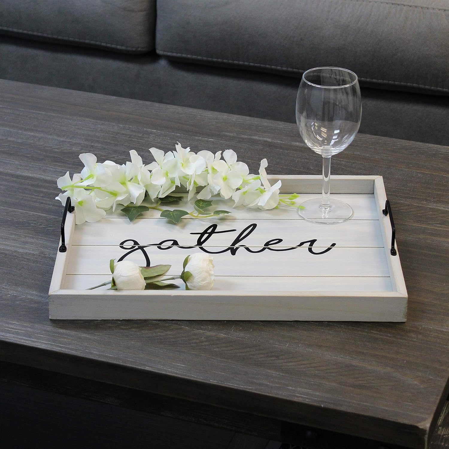 Elegant Designs HG2000-GGH Wood w-Handles Decorative Serving Tray, 15.5" x 12", Gray Wash Gather: Home & Kitchen