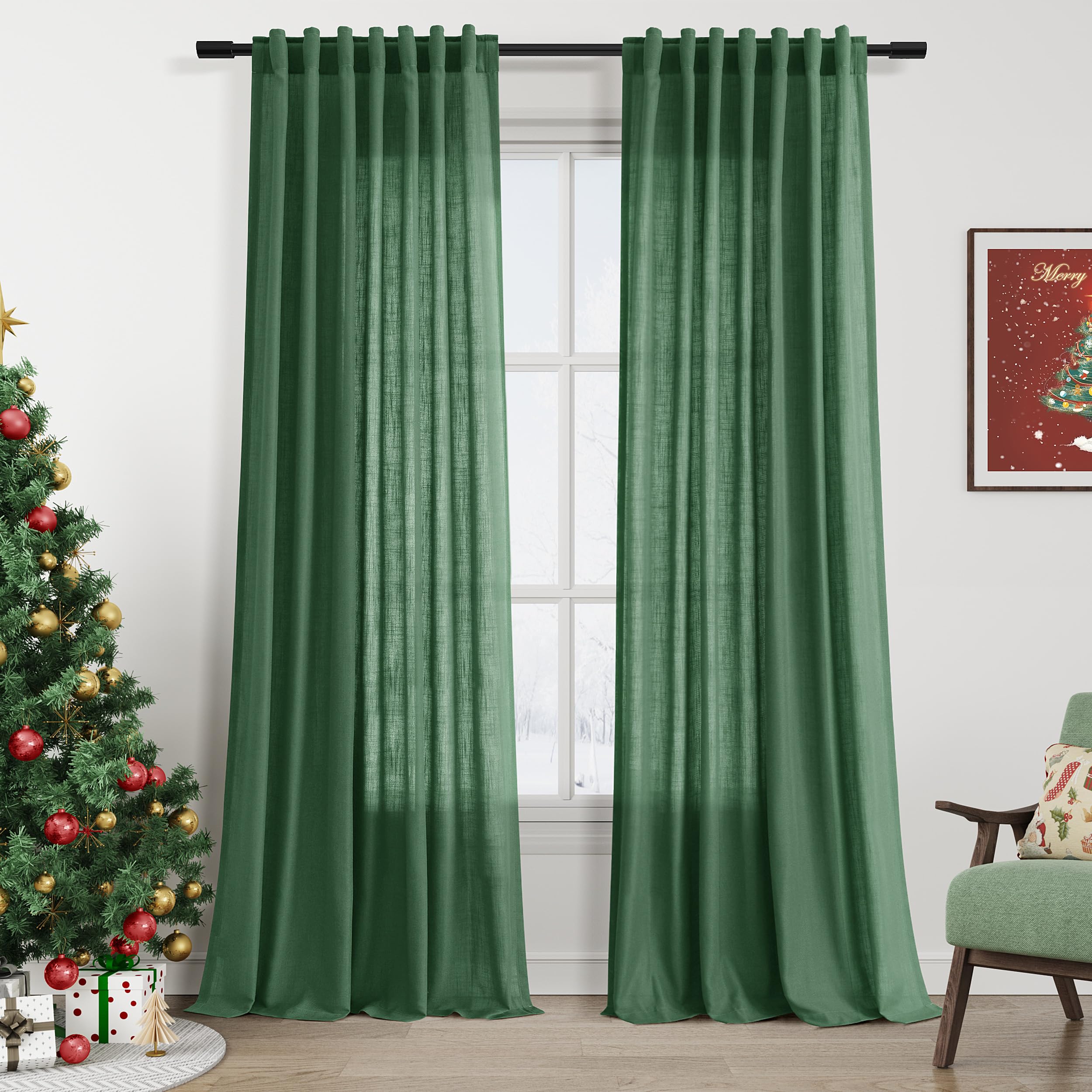 Green Semi Sheer Curtains 120 Inches Long 2 Panels Set Back Tab Loop Pocket Linen Blend Boho Large Window Curtain Extra Long Light Filtering Drapes High Ceiling Curtains for Living Room 52x120 Image