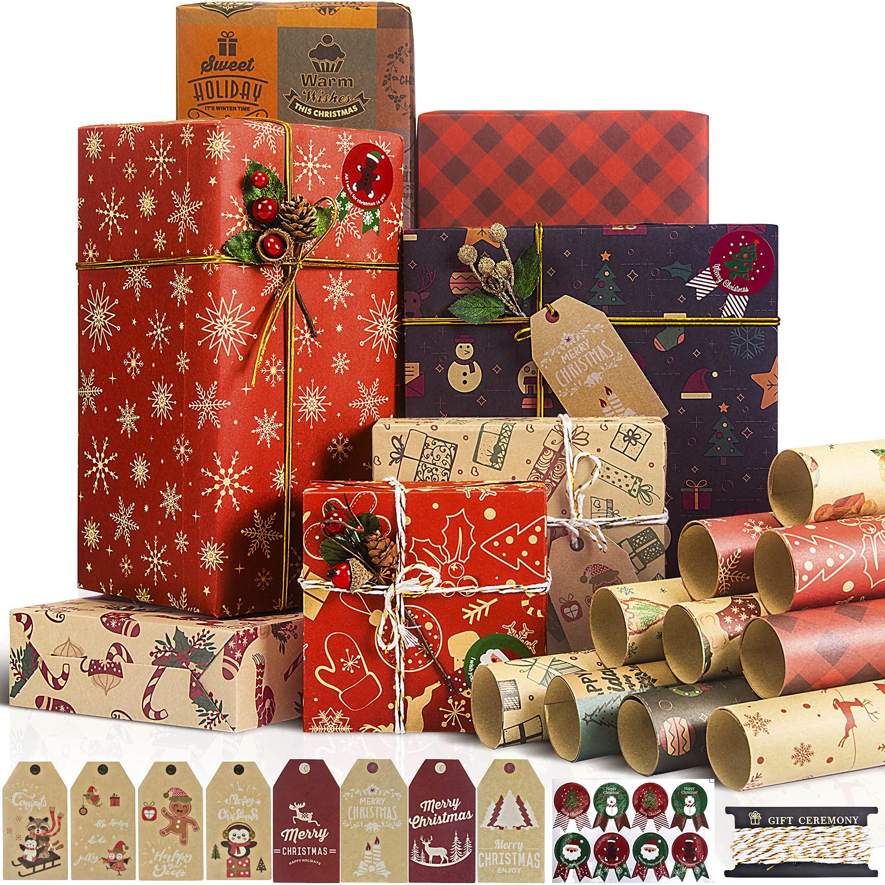 Larcenciel Christmas Wrapping Paper, Recycled Gift Wrapping Paper, 10 Sheets 70 * 50cm Brown Paper with Jute Strings, Stickers and Bows for All Occasions