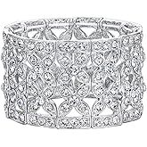 EVER FAITH Women's Austrian Crystal Elegant 2 Layers Hollow-out Bridal Flower Leaf Stretch Bracelet