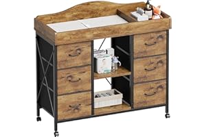 Yetom Changing Table, 6-Drawer Baby Dresser with Changing Table top,Waterproof Diaper Changing Station & Pad, 2 Height-Adjustable Open Storage Shelves, Mobile Nursery Organizer, Rustic Brown