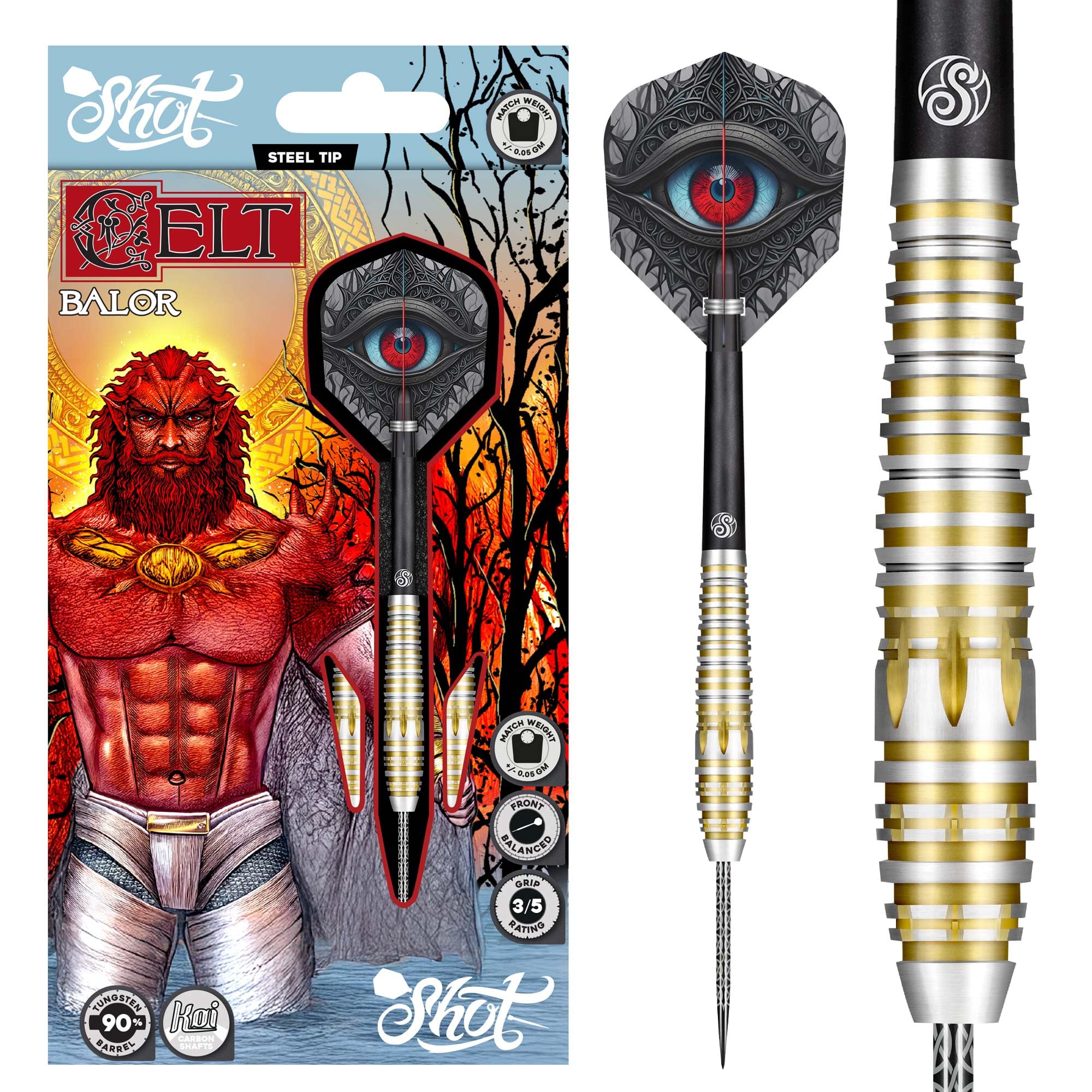 Shot! Celt Balor Steel Tip Dart Set 90% Tungsten Barrels, Front Weighted professional darts for bristle dartboard