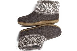 BureBure Womens Handmade Warm Wool Boot Slippers with Scandinavian Ornaments Knitted Collar, Rubber or Leather Outsole …