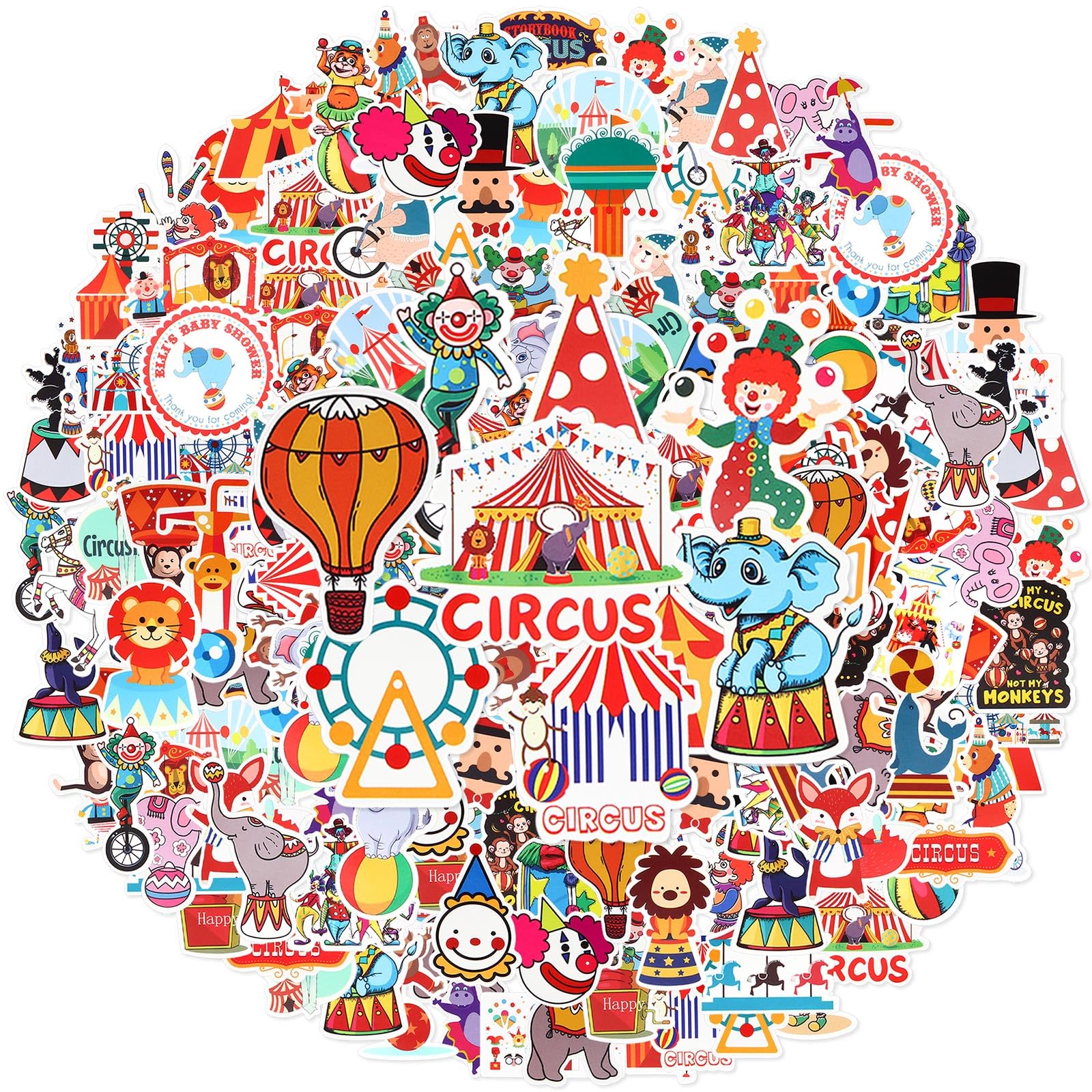 Photo 1 of Frienda 200 Pcs Circus Party Favors Stickers Carnival Decorations Vinyl Waterproof Circus Stickers for Water Bottle Carnival Birthday Party Supplies for Adults Teens Laptop Skateboard Phone