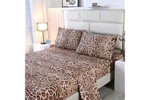 SDY 4PCS Leopard Bedding Sheets Queen Size Leopard Print Sheet Set Included 1 Fitted Sheet with 14'' Deep Pocket + 1 Top Flat Sheet + 2 Pillowcases for Kids Boys Girls