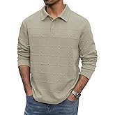 VOGSTART Men's Textured Polo Shirt Cable Knit Long Sleeve Button Down Pullover (S-XXL)