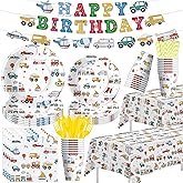 FVABO Transportation Birthday Decorations, Traffic Transportation Party Supplies Tableware, Plate, Napkin, Cup, Cutlery, Tablecloth, Banner, Truck Car Construction Vehicle Party Decorations, Serve 24