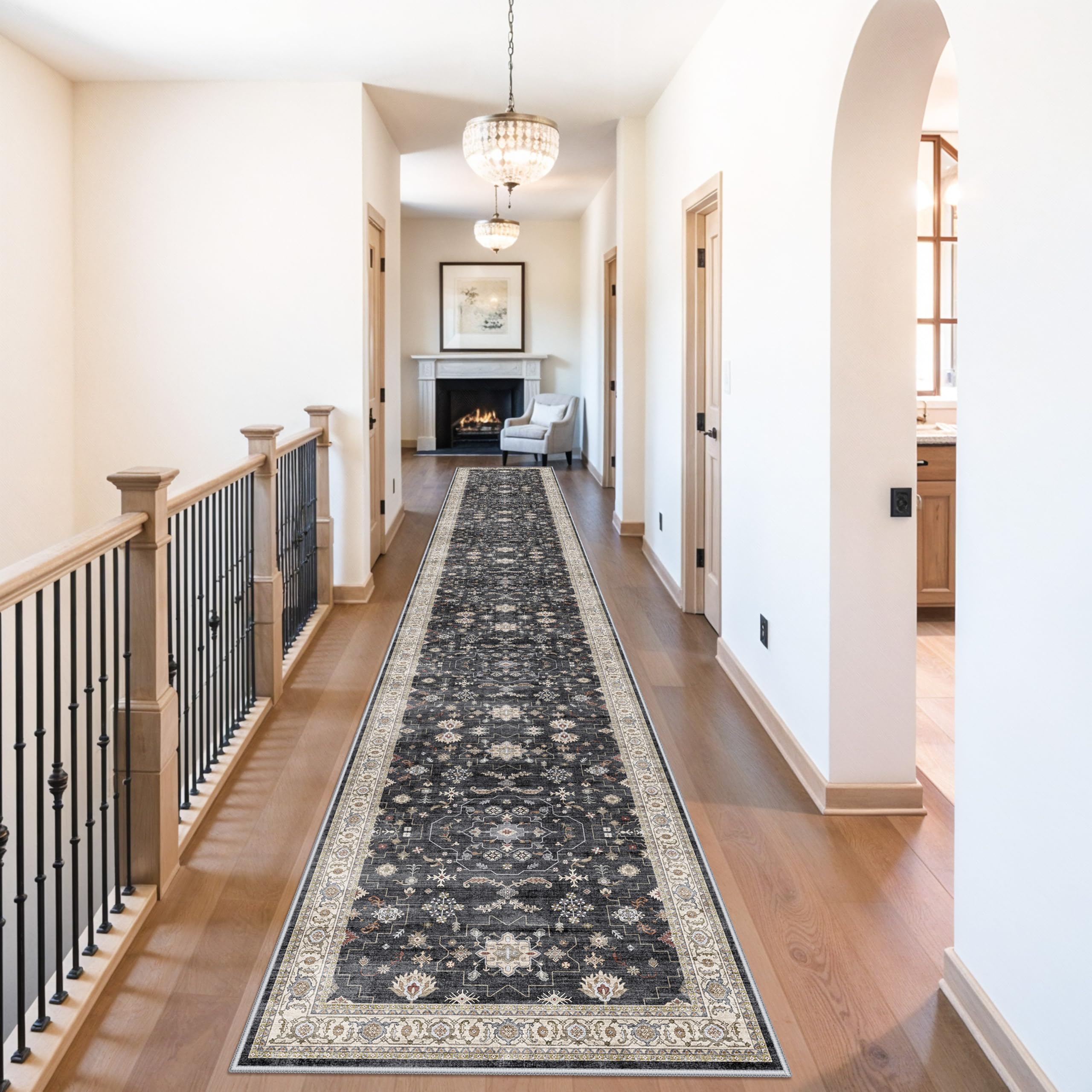 3x20 Washable Hallway Runner Rug - Non-Slip Kitchen Rugs with Rubber Backing Vintage Low Pile Soft Thin Extra Long 20ft Carpet Runners for Indoor Entryway Living Room(Black/Multi,3x20) Image
