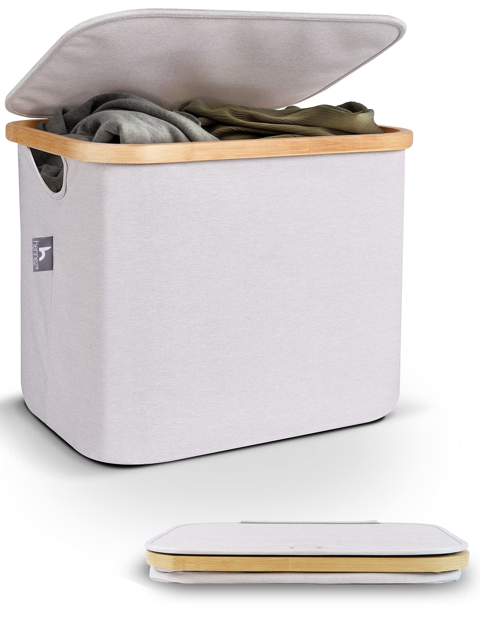 Hennez 40L Storage Basket with Lid For IKEA Kallax - Lidded Fabric Storage Box - Collapsible Laundry Baskets with Handles Box Bamboo Canvas Storage Box Beige Fabric Small Storage Baskets Laundry Shelf