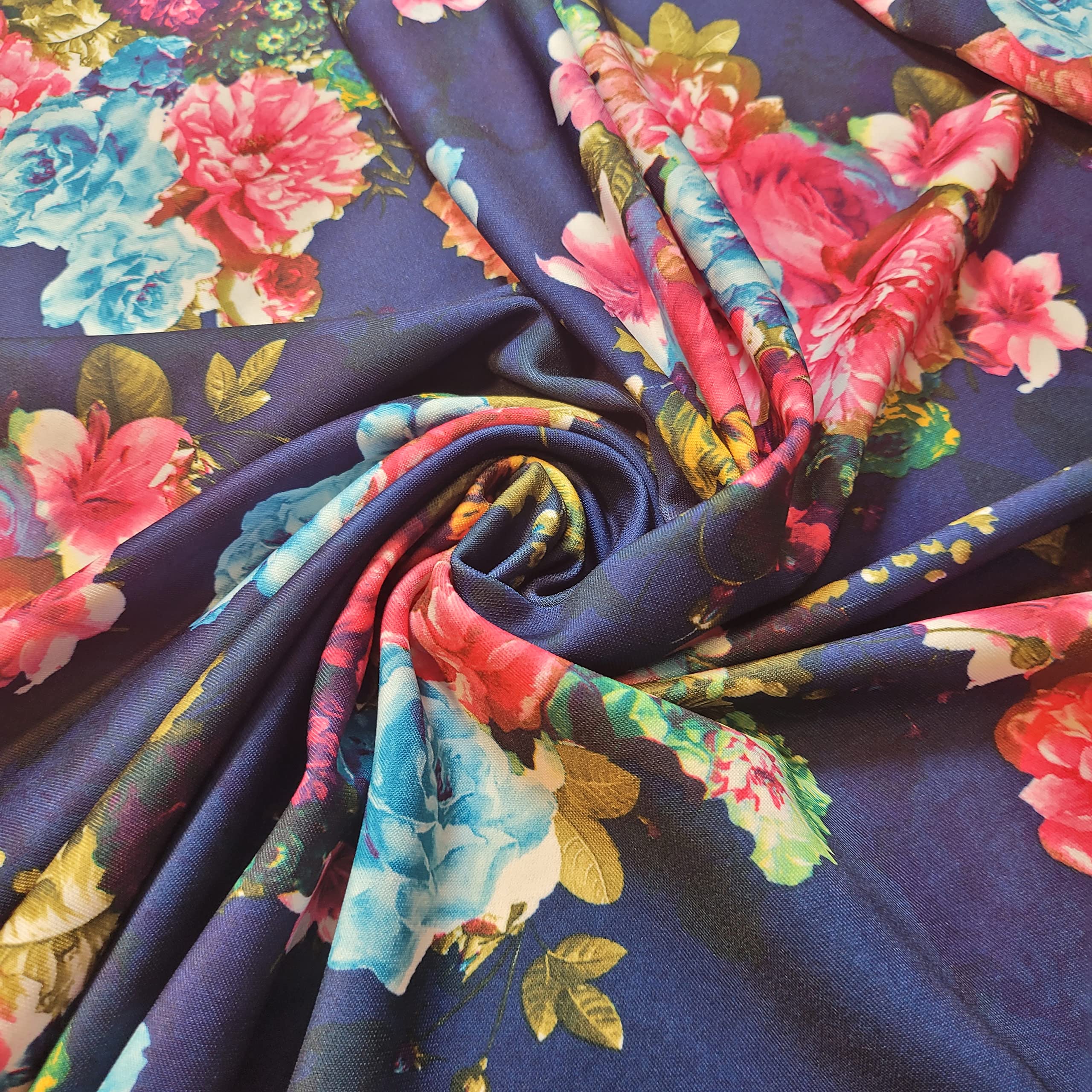 Plain & Printed Scuba Crepe Jersey Stretch Spandex Fabric – Dressmaking Material for Casual & Formal Wear | 58" (150cm) Wide | Sold Per Meter (Pre-Cut Lengths) (Navy Floral Roses)