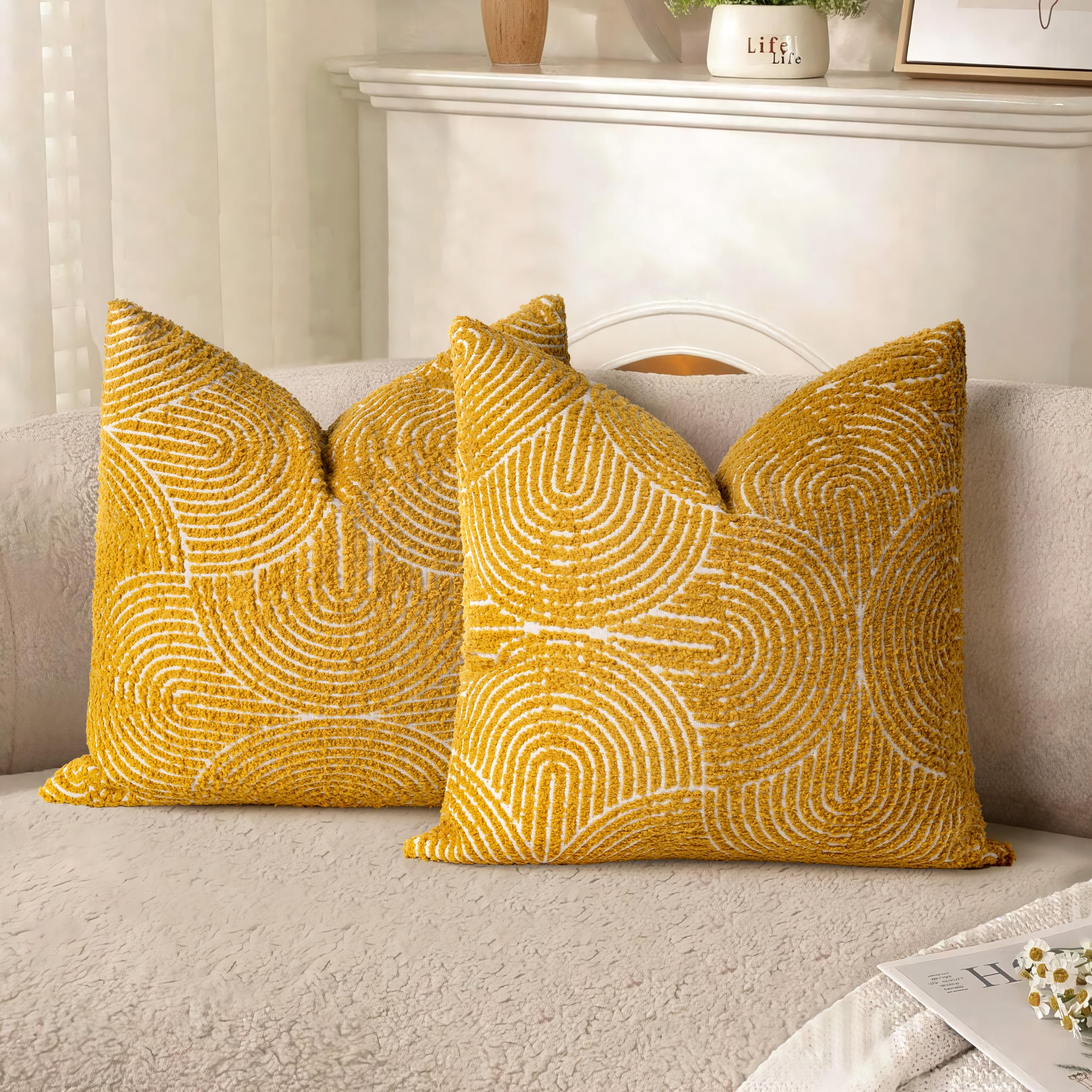 Photo 1 of AELS Boho Decorative Textured Throw Pillow Covers 16x16, Organic Modern Mid Century Rainbow Tufted Pillow Case, Farmhouse Rustic Geometric Woven Cushion Case for Bed Couch Sofa, Mustard Yellow