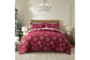 WDCOZY Christmas Quilt King Size Bedding Set with 2 Pillow Shams, Lightweight Bedspread Holiday Red Soft Coverlet Snowflake Pattern Comforter for All Seasons Bed Cover Home Decor