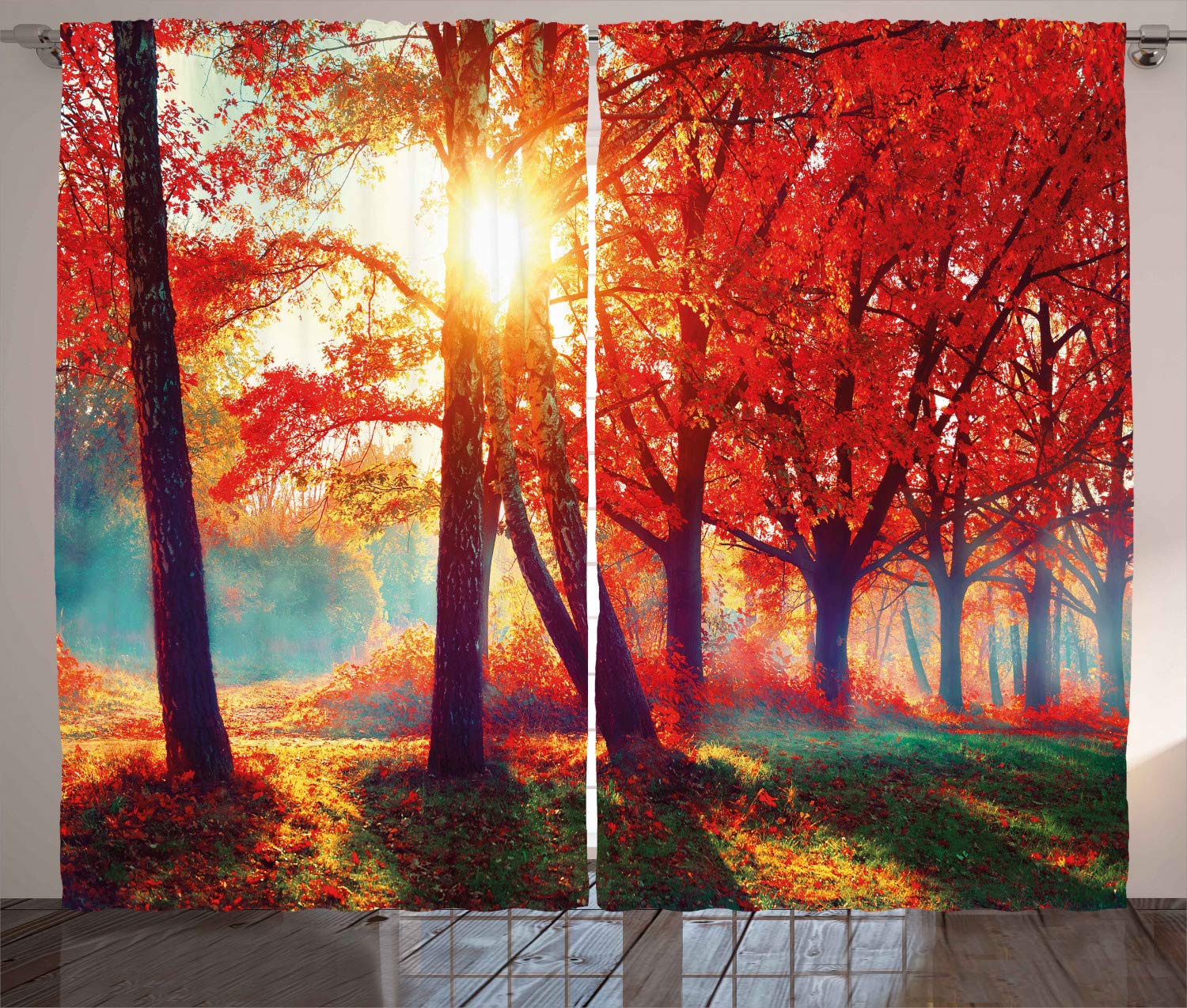 Ambesonne Tree Curtains, Autumnal Foggy Park Fall Nature Scenic Scenery Maple Trees Sunbeams Woods, Living Room Bedroom Window Drapes 2 Panel Set, 108" X 96", Orange Yellow