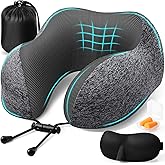 ExploreBliss Travel Pillow, Travel Pillows for Sleeping Airplane, Removable Cover Neck Pillow with Adjustable Clasp, Memory Foam Neck Pillow Set with Eye Mask, Earplugs and Storage Bag (Dark Grey)