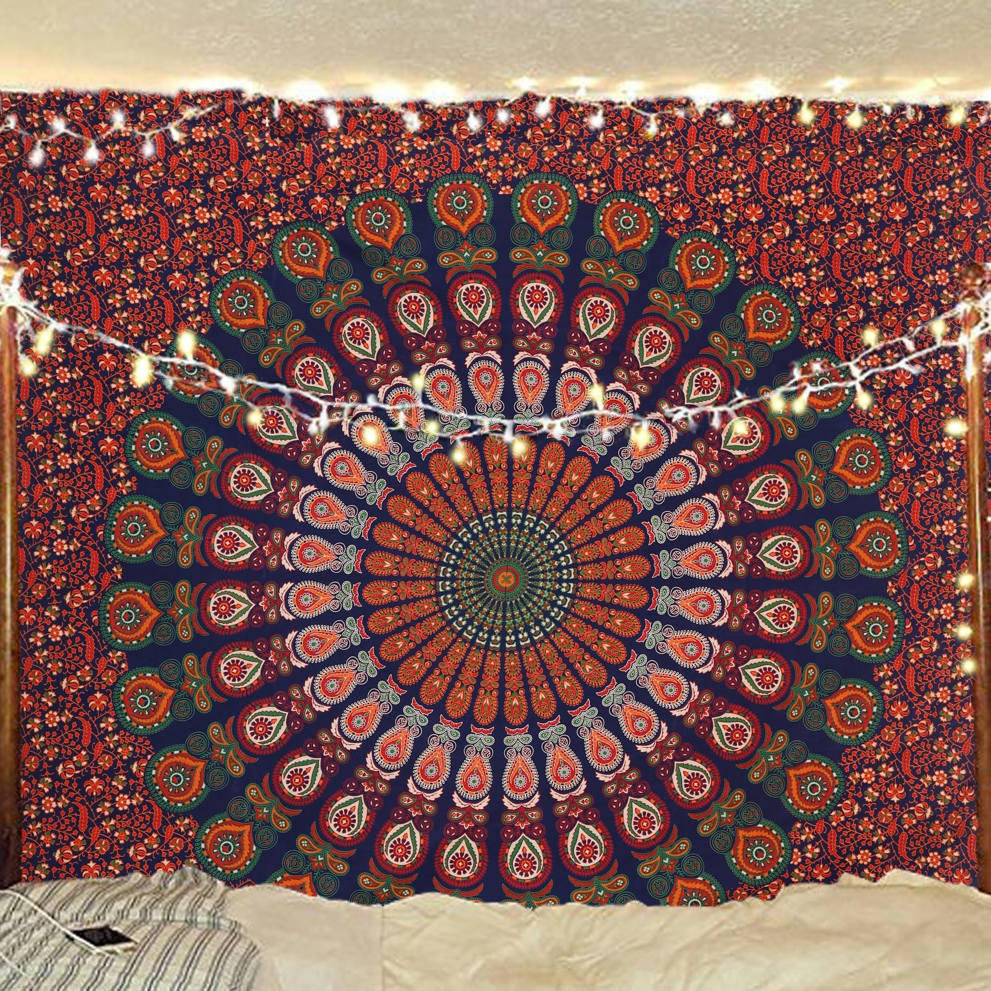 Bless International Indian hippie Bohemian Psychedelic Peacock Mandala Wall hanging Bedding Tapestry (Golden Red Green, Queen (84x90Inches)(215x230Cms))