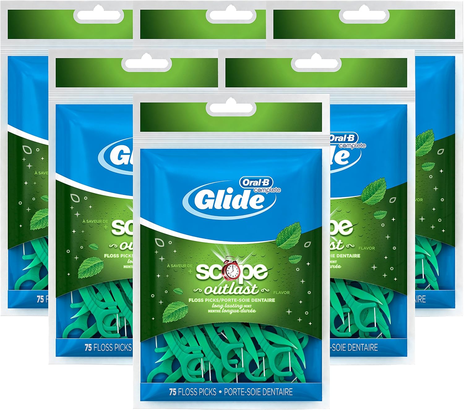 Oral-B Complete Glide Dental Floss Picks Plus Scope Outlast, Long Lasting Mint, 75 Dental Floss Picks, Pack of 6 (Packaging May Vary)