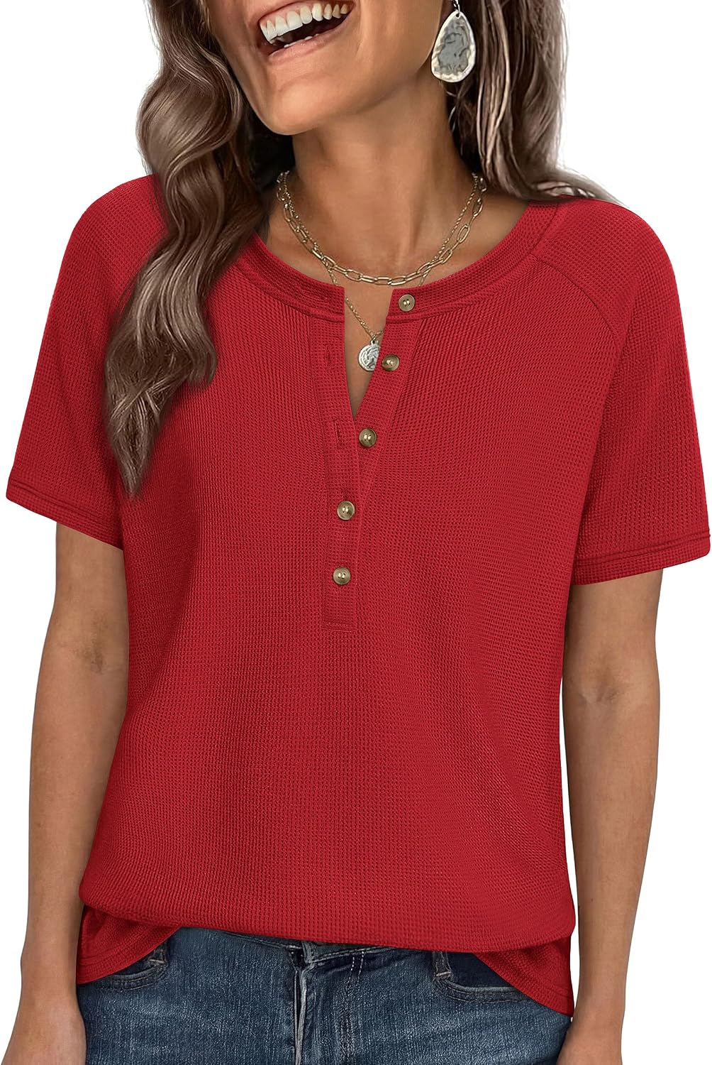 PRETTYGARDEN Waffle Knit Tops for Women Short Sleeve Henley Shirts 2026 Summer Blouses Dressy Casual Spring Fashion Clothes