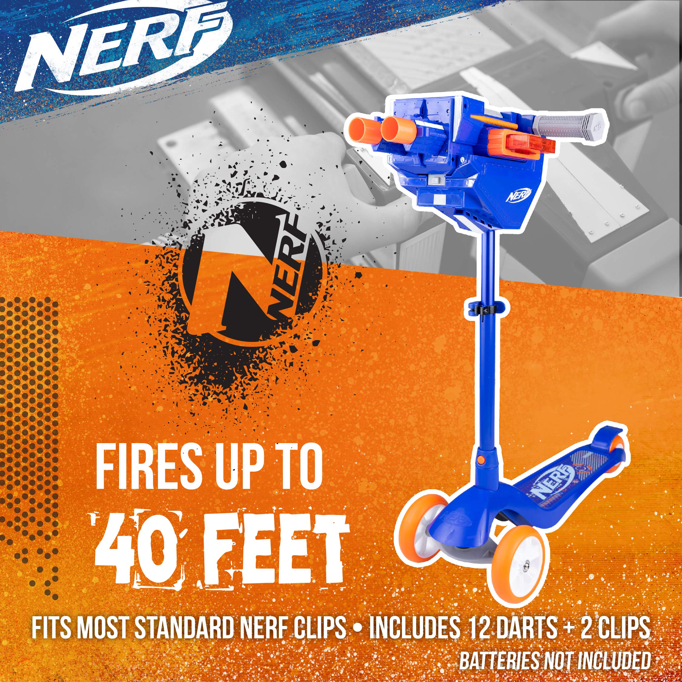 NERF Kick Scooter for Kids, Dual Barrel Blaster Fires Up to 40 Feet, Supports Up to 150lbs, Rear Brake, Sturdy Steel Frame, Wide Surface Textured Molded Deck, Outdoor Activities for Boys/Girls