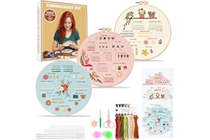 Hi-YomiLaugh 3 Pack Beginner Embroidery Kits for Adults DIY Starter Kit with Stitch Techniques, Stamped Patterns, Embroidery Hoop, Colorful Threads, Tools, Step by Step Instructions & Video Tutorial