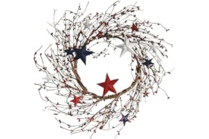 HUASHEN 18 Inch Patriotic Wreath Summer Front Door Wreath Pip Berry Wreath 4th July Independence Day Wreath America Patriotic Flag Wreath on Grapevine for Front Door Wall Window Decoration Home Décor