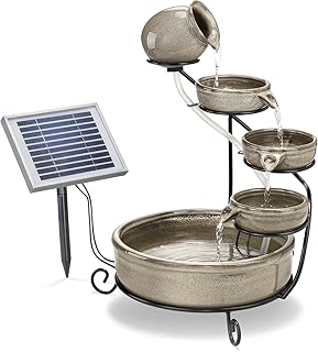 Solar Kaskadenbrunnen grau mit Akkuspeicher und LED Licht - großes 2 Watt Solarmodul - verschleißarme Pumpe - Springbrunnen Wasserspiel Solarbrunnen - Größe ca. 31 x 31 x 55 cm, esotec 101300