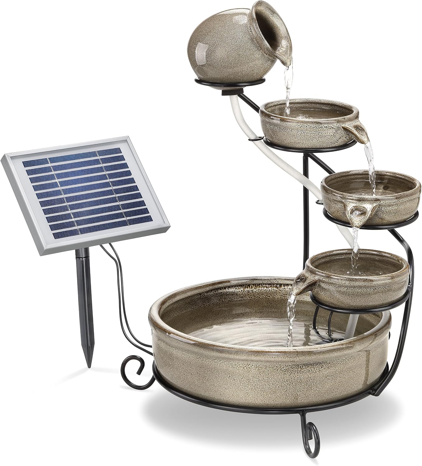 Solar Kaskadenbrunnen grau mit Akkuspeicher und LED Licht - großes 2 Watt Solarmodul - verschleißarme Pumpe - Springbrunnen Wasserspiel Solarbrunnen - Größe ca. 31 x 31 x 55 cm, esotec 101300